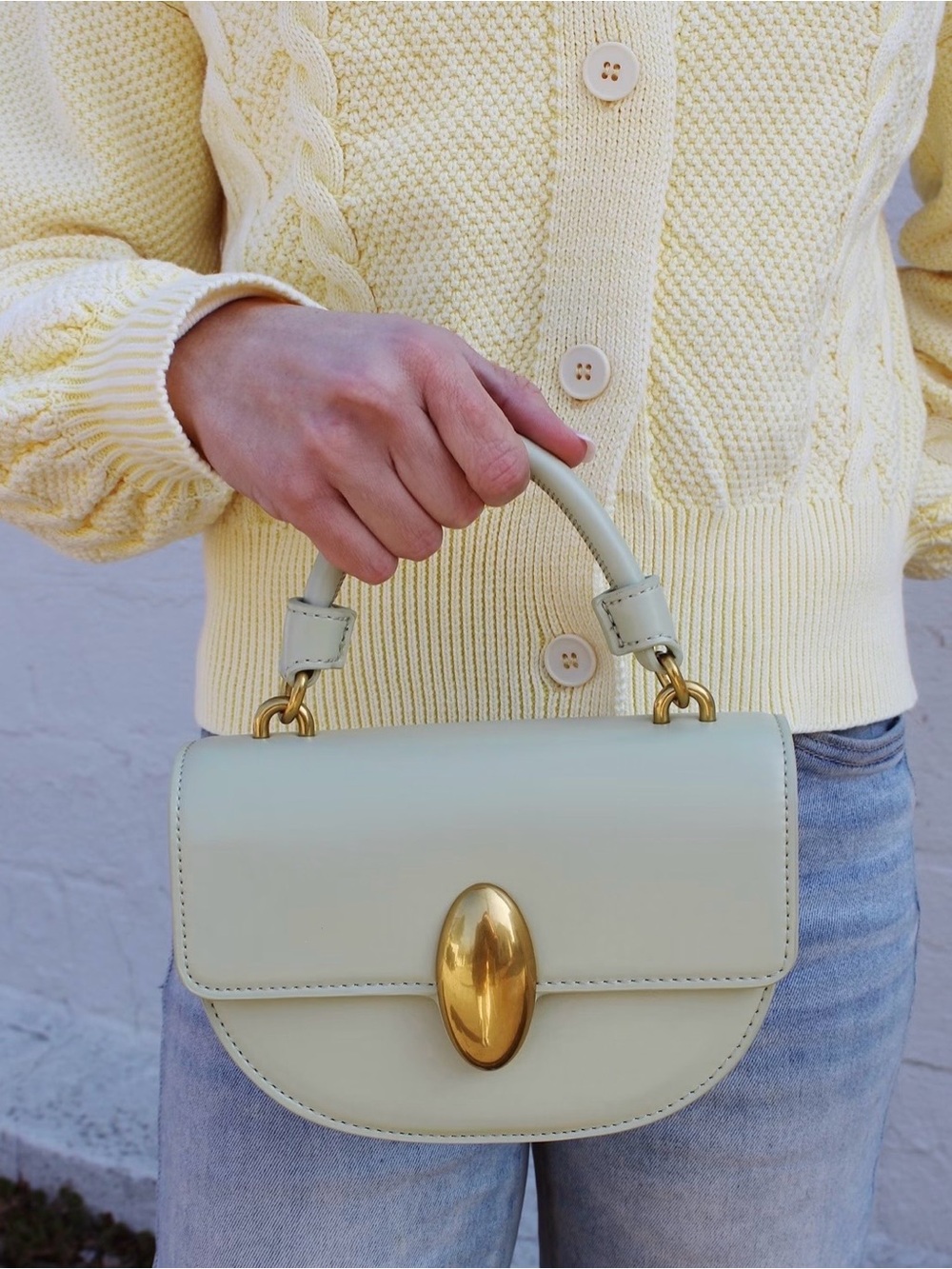 Cream Structured Top-Handle Satchel with Gold Accent